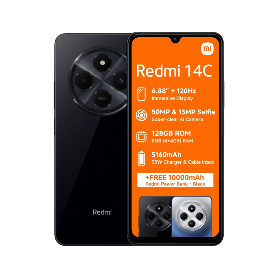 Redmi 14C Black 128GB 4GB RAM front view with display on